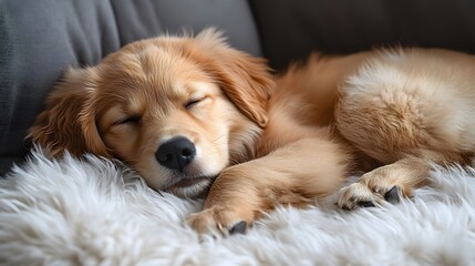 Cute and fluffy golden retriever dog sleeping soundly and resting comfortably on a cozy and plush sofa in a cozy home environment
