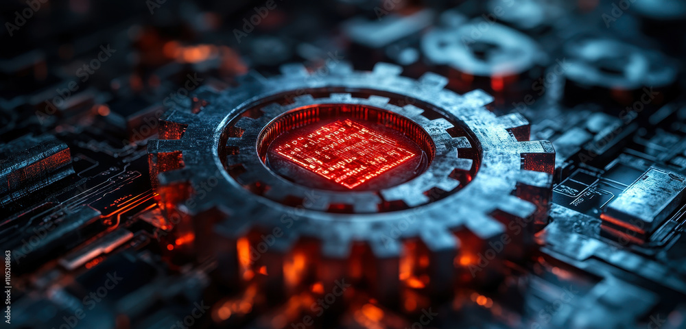 Poster cybersecurity concept with cogs and hardware lock technology in digital protection