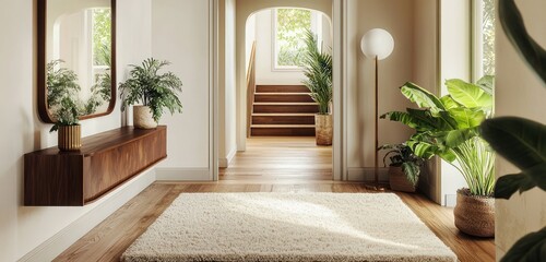 Chic hallway with sleek mirror, cream rug, and walnut console table at entrance.