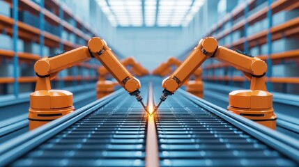 Two robotic arms work in unison, using lasers on a conveyor belt in a modern warehouse setting, showcasing advanced automation technology.