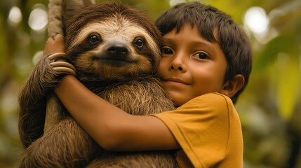 Obraz premium Young Boy Cuddling a Happy Sloth