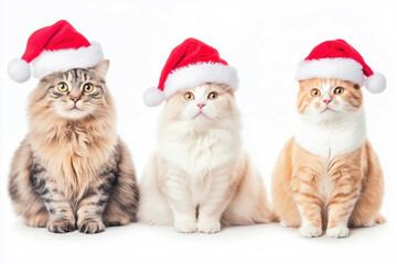 Three variety breeds of cats in Santa hats sitting on a row on clear background