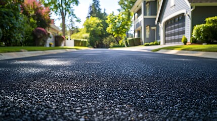 A close-up view of a freshly paved asphalt driveway, leading up to a suburban home. The smooth surface and deep black color create a sense of elegance and modernity.


