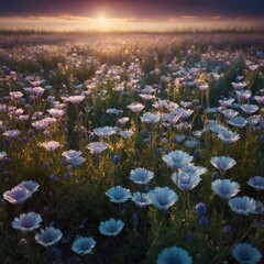 A dream-like field of flowers made entirely of glass and glowing softly.

