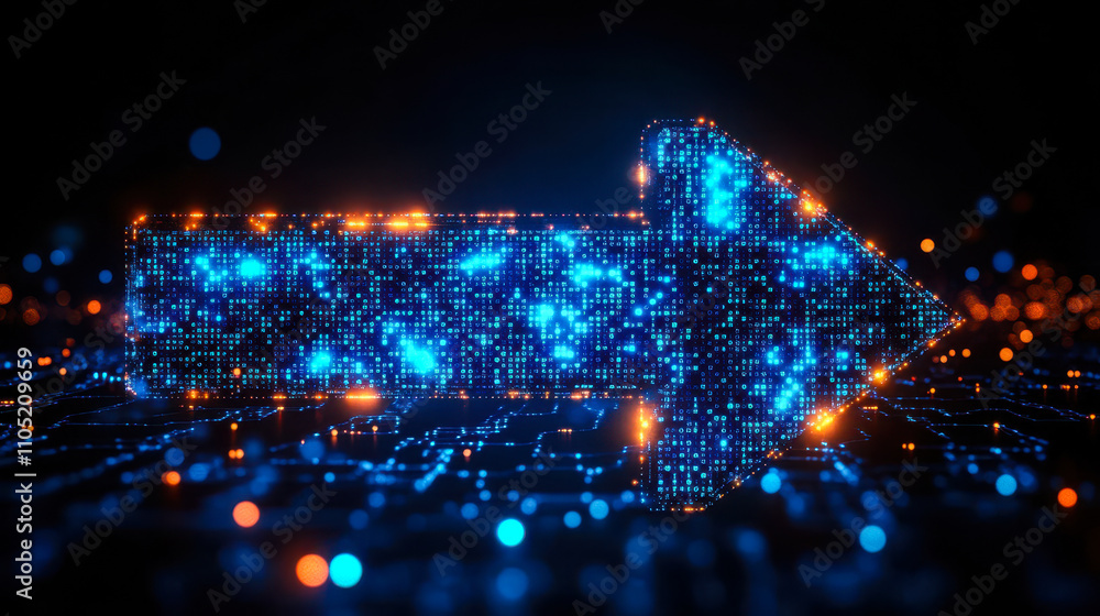 Poster digital blue matrix binary code arrow with pixelated motifs for technology concept