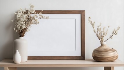 Home interior poster mock up with horizontal wood frame with ornamental plants in pots on empty wall background.3D rendering