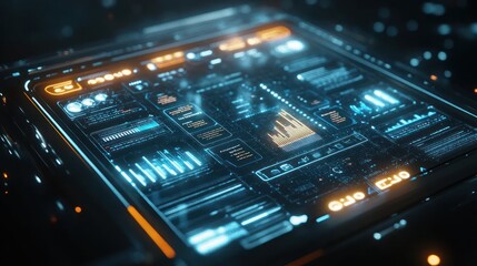Futuristic digital interface with glowing data and graphs.
