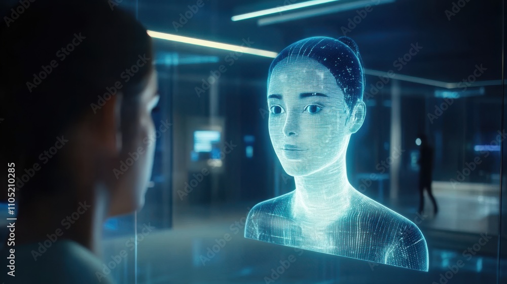Poster ai chatbot projected as a hologram, conversing with a user