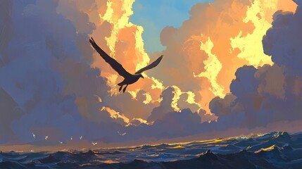 Obraz premium Serene Sunset Over Ocean with Flying Bird