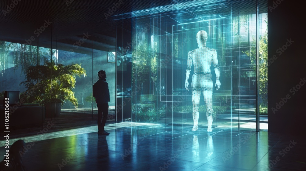 Poster ai chatbot projected as a hologram, conversing with a user