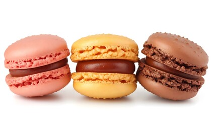 Fototapeta premium Three colorful macarons with caramel filling isolated on white.