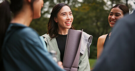 Outdoor, friends and laugh with conversation at yoga session for health, self care or support in Japan. Park, people and happy with discussion on stairs for fitness, exercise or workout for wellbeing