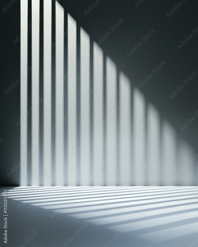 Poster a minimalist scene featuring dramatic light and shadow stripes on a surface, creating a striking vis