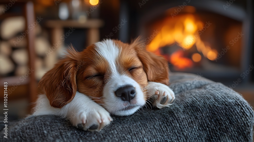 Poster adorable puppy sleeping peacefully on a soft blanket next to a crackling fireplace creating a cozy a
