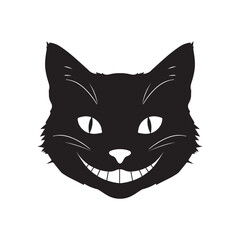 A silhouette of a cat head with danger smile & eyes On white background. A horrible, scary, bad cat.