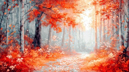 Enchanted Autumn Forest Scene with Vibrant Red Leaves and Light