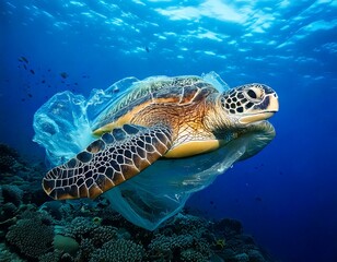 A sea turtle swimming through ocean waters, trapped in a plastic bag, highlighting marine pollution and environmental threats to wildlife.