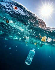Plastic waste, including a bottle, floating in clear ocean water under sunlight, highlighting the environmental crisis of marine pollution.