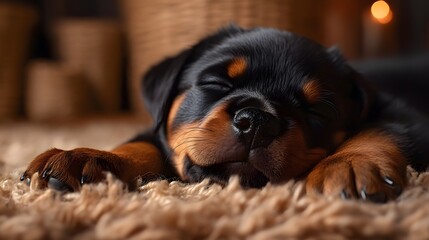 Adorable Rottweiler puppy peacefully napping on a soft plush carpet in a cozy comfortable interior setting  The puppy appears relaxed calm and content as it rests soundly