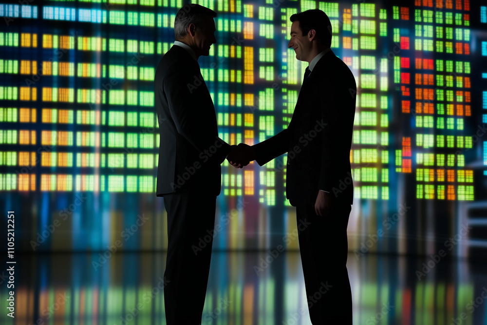 Poster two businessmen shaking hands in a formal setting with copy space.