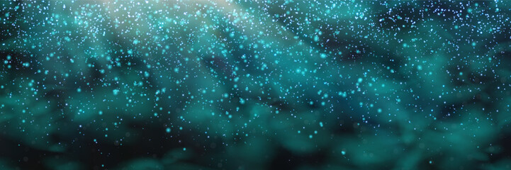 Underwater turquoise blue gradient background with glow and overlay effects. Soft gradient background with photo fluorescent plankton and microorganisms.