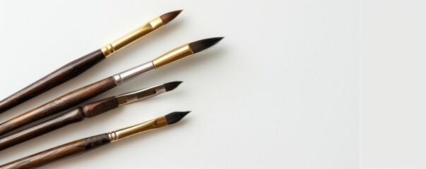 A close-up of four artist brushes arranged neatly, showcasing their varying sizes and fine tips against a clean, white background.