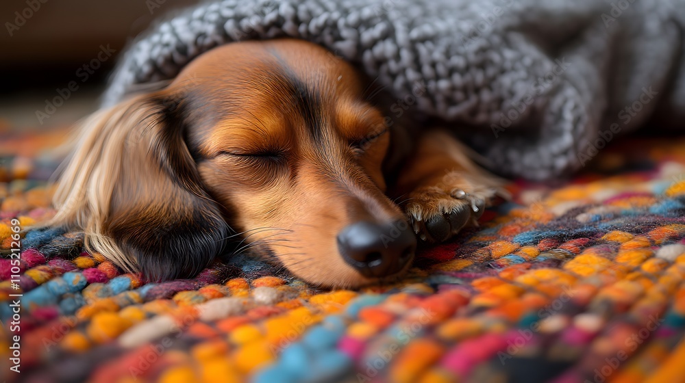Poster Adorable puppy dog sleeping peacefully while snuggled up in a soft colorful patterned blanket in a cozy comfortable home environment  The canine is enjoying a relaxing content nap or rest