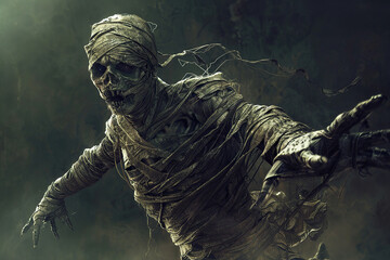 Fototapeta premium Scary mummy wandering in street with dramatic lighting on Halloween