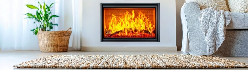 Fototapeta premium Cozy Living Room with Modern Fireplace and Warm Fire Glow
