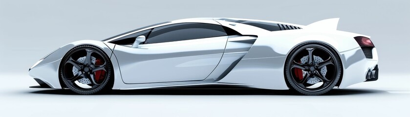 A sleek, futuristic sports car with a glossy white finish and bold red accents, showcasing aerodynamic design and high-performance features.