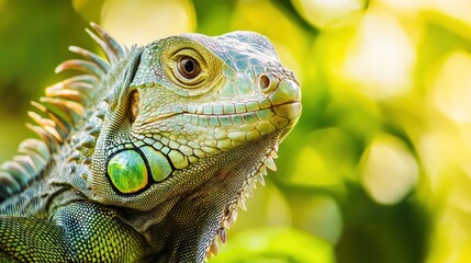 Fototapeta premium Iguanas are herbivorous reptiles known for their long tails, sharp claws, and spiky crests. Found in tropical regions, they are skilled climbers and can regrow their tails if lost.