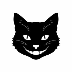 A silhouette of a cat head with danger smile & eyes On white background. A horrible, scary, bad cat.