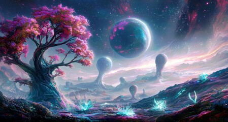 Surreal Cosmic Landscape with Vibrant Trees and Celestial Bodies