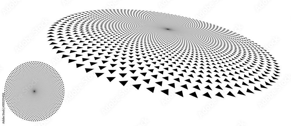 Poster Triangles in circle as background or icon, logo. Abstract dotted vector background. Halftone effect. Circle with perspective.