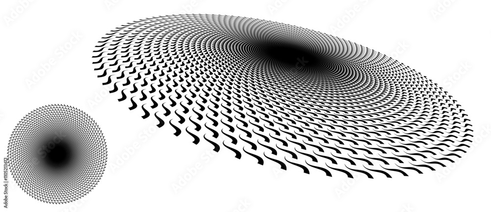 Poster Modern abstract background. Perspective view. Waves in circle form. Round logo. Vector dotted frame. Design element or icon.