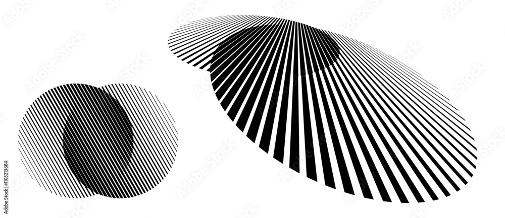 Aufkleber Transition in two circles with parallel lines. Perspective and normal view. Abstract art geometric background for logo, icon, tattoo. Black shape on a white background.