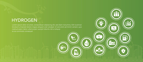 Hydrogen energy vector illustration. Concept environment, eco friendly industry and alternative energy. Reducing greenhouse gas emissions, ecology, green hydrogen technology.