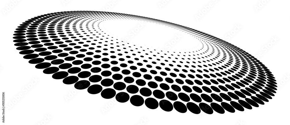 Poster Abstract halftone dotted circles advertising background. Optical illusion effect. Black creative halftone circle polka dots vector in perspective view.