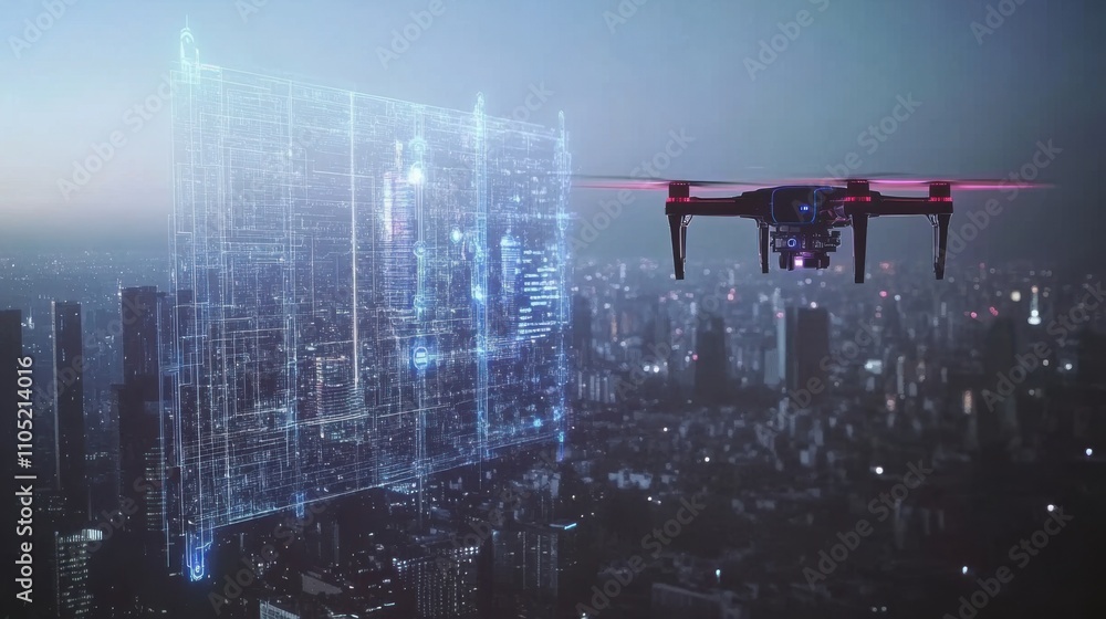 Poster ai-guided drone mapping a cityscape, robotic precision with real-time