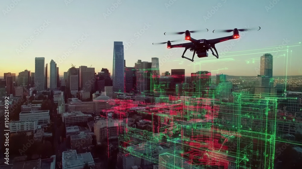 Poster ai-guided drone mapping a cityscape, robotic precision with real-time