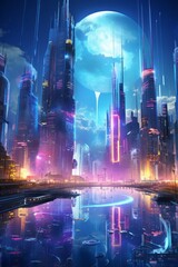 Obraz premium A futuristic cityscape illuminated by vibrant neon colors, with advanced skyscrapers, flying cars, and holographic advertisements, blending technology with bright, vivid hues