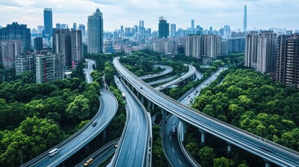 Overpass with a panoramic view of a sprawling modern city, bustling with life 