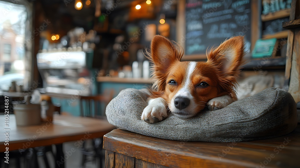Poster adorable puppy resting comfortably on a soft cushion in a cozy and inviting cafe setting with warm l
