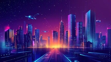 Futuristic city skyline at night with neon lights, flying vehicles, and a road leading to a sunrise.