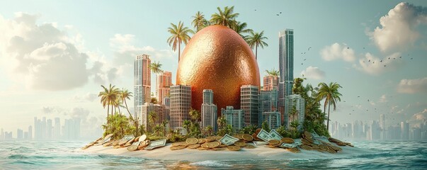 Futuristic city island with a giant golden egg in financial utopia