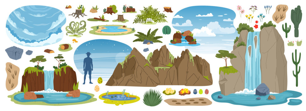 Jurassic dinosaur era environment game asset. Plants and trees, rock and mountain, waterfall, stones and clouds. Ferns, cacti, footprints, dino eggs, ponds and flowers cartoon vector prehistoric set