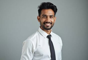 A smiling young man in a white shirt and black tie  exuding professionalism and confidence.