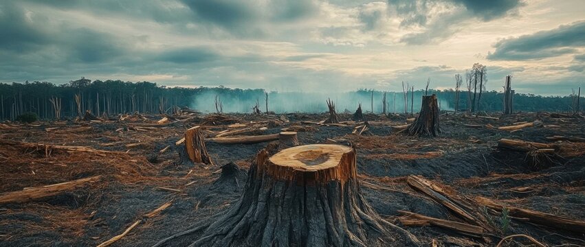 felled stumps and scattered debris under a cloudy sky signal an environmental disaster.