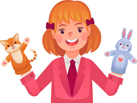 Puppet theater dolls on girl hands. Happy kid