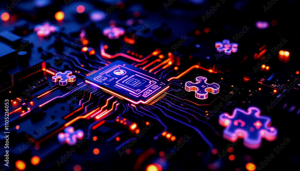 Poster a futuristic circuit board with glowing neon lights, intricate patterns, and puzzle pieces floating 